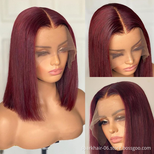 Dropshipping 99J Short BOB Wine Red Burgundy Color Human Hair Wigs for Black Women 13*4 Brazilian Remy Hair Lace Front wig